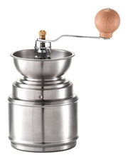Manuelle Kaffeemühle aus Edelstahl mit Holzgriff, seitliche Ansicht