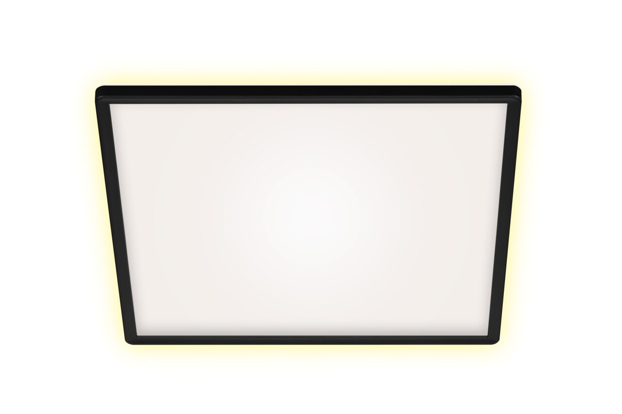 LED-Deckenleuchte in quadratischer Form mit schwarzem Rahmen, Ansicht von unten