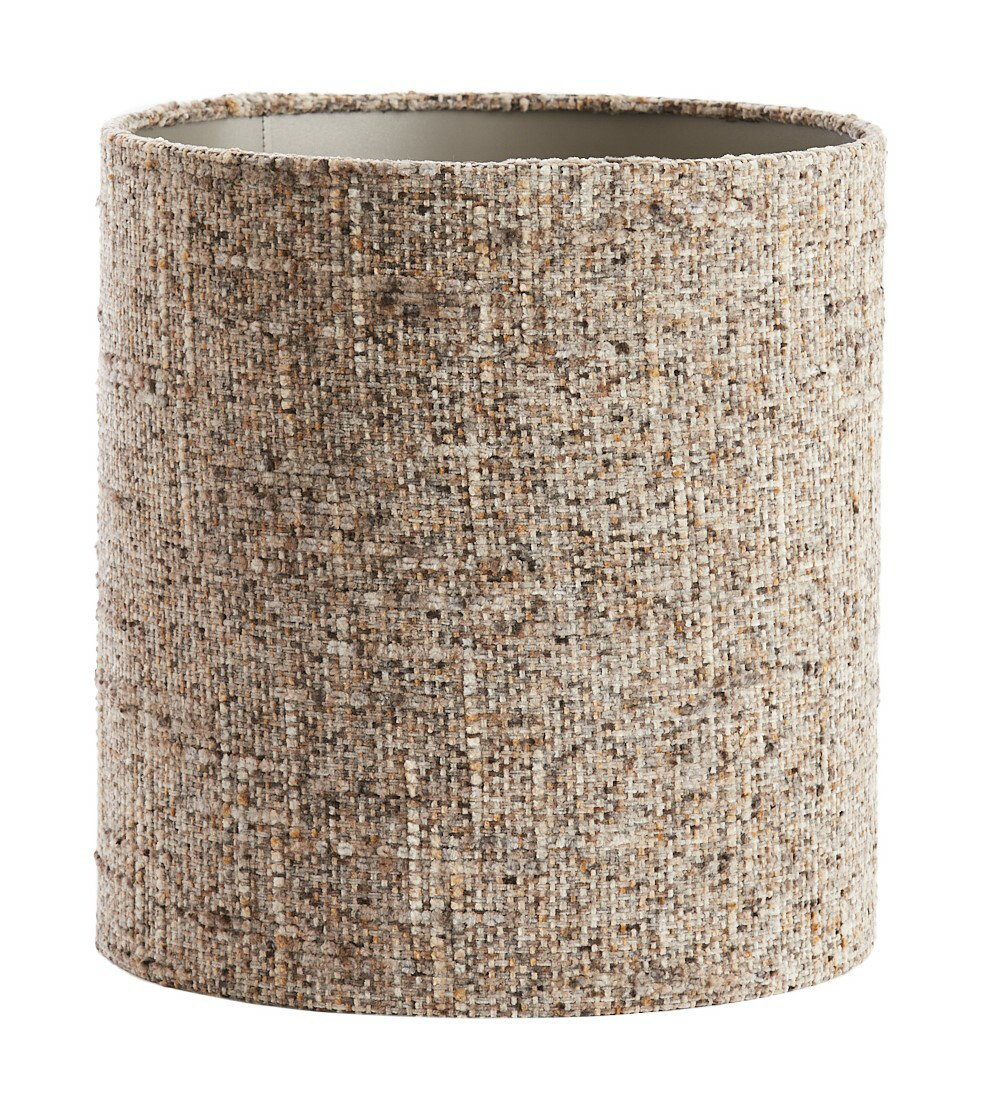 Zylindrischer Lampenschirm aus grobem, strukturiertem Stoff in Naturtönen, seitliche Perspektive
