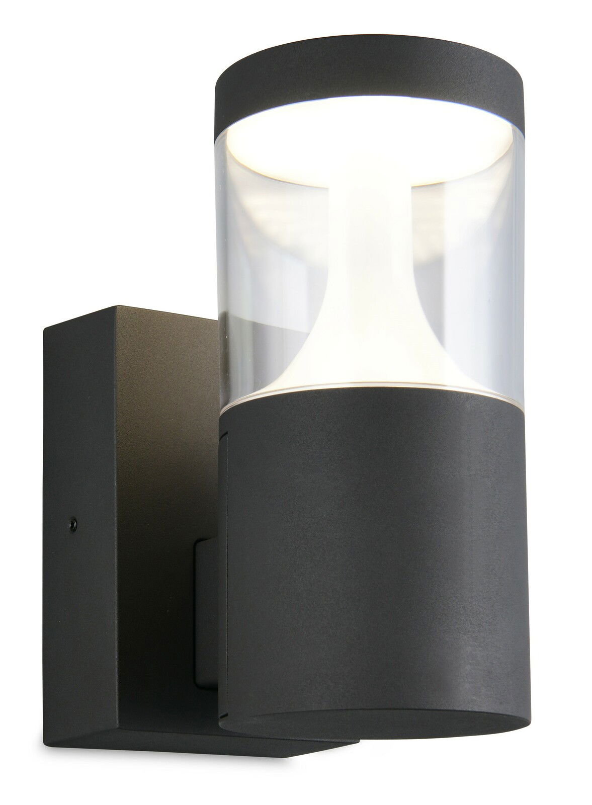 Moderne LED-Außenwandleuchte in zylindrischer Form, seitliche Perspektive