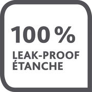 Vorderansicht eines quadratischen Symbols mit der Aufschrift '100% LEAK-PROOF ÉTANCHE', das die Dichtheit des Produkts hervorhebt.