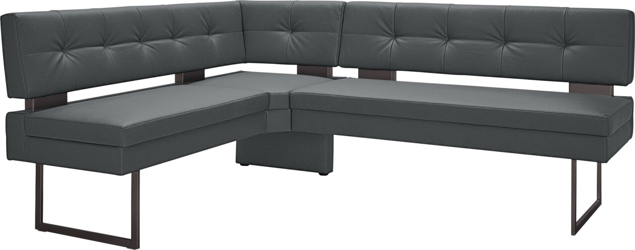 Moderne Eckbank in dunklem Leder mit Metallbeinen, seitliche Perspektive