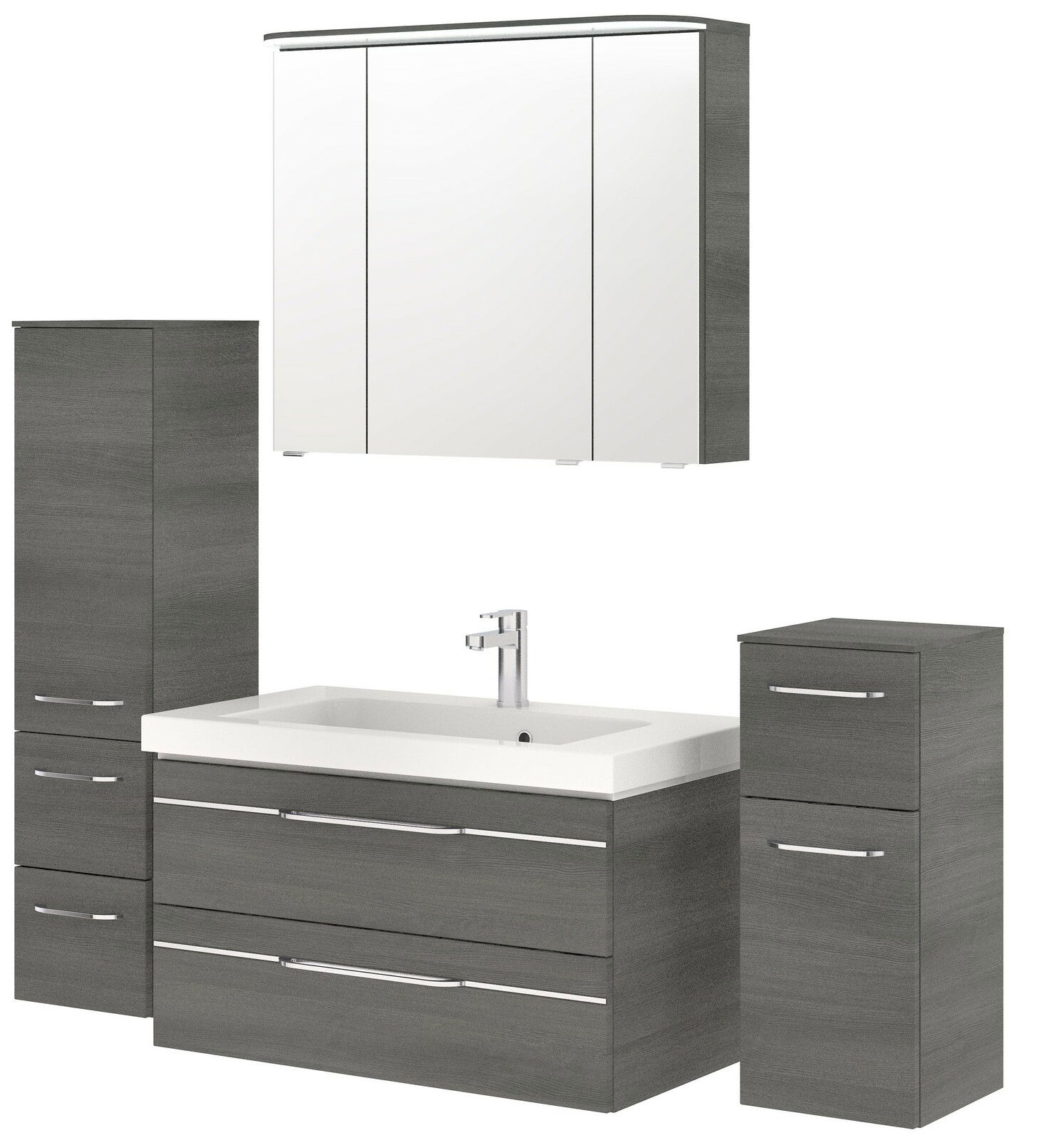 Pelipal Badblok BALTO SPRINT Moderner Badblock in grauer Holzoptik mit Waschbecken, Spiegelschrank und zwei zusätzlichen Schränken, frontal abgebildet.