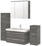 Moderner Badblock in grauer Holzoptik mit Waschbecken, Spiegelschrank und zwei zusätzlichen Schränken, frontal abgebildet.