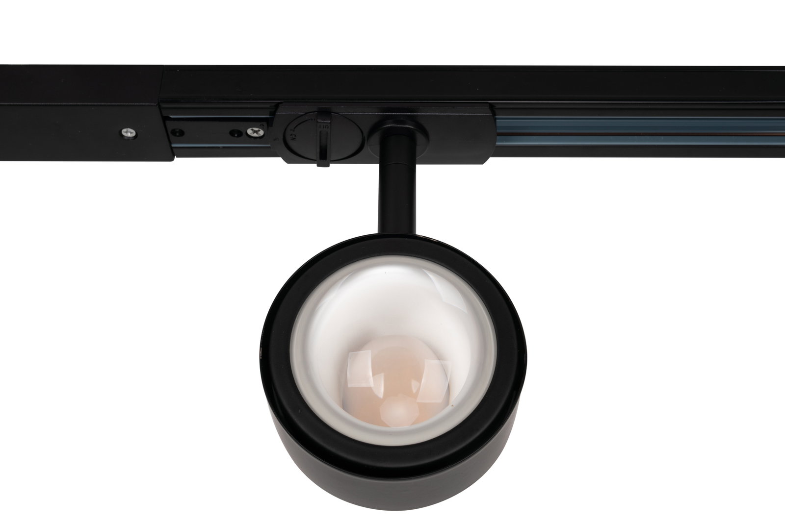 Novel LED-spot met 4 lampen Frontansicht eines schwarzen LED-Strahlers auf einer Schiene montiert.