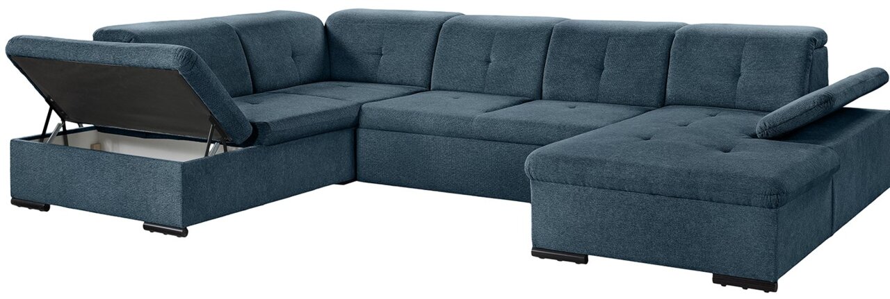 Rundecke in U-Form mit Stauraum, dunkelblauer Stoff, Perspektive von vorne links