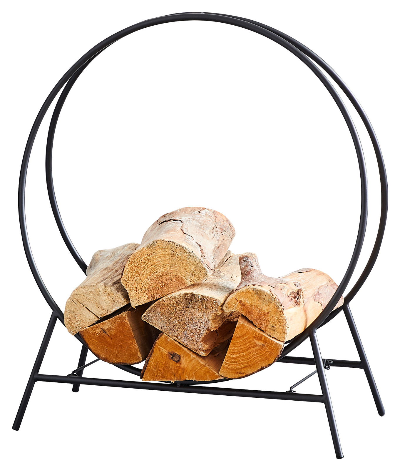 Moderner Kaminholzständer aus Metall in runder Form, gefüllt mit Holzscheiten, seitliche Perspektive.