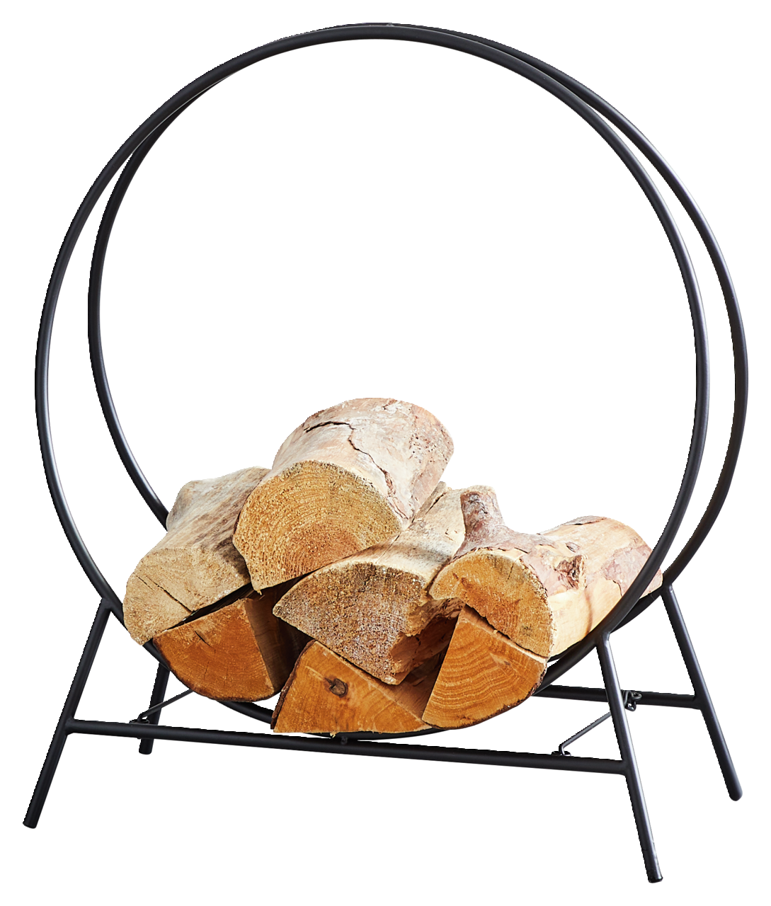 Moderner Kaminholzständer aus Metall in runder Form, gefüllt mit Holzscheiten, seitliche Perspektive.