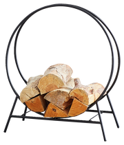 Moderner Kaminholzständer aus Metall in runder Form, gefüllt mit Holzscheiten, seitliche Perspektive.