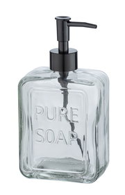 Transparenter Seifenspender mit schwarzem Pumpkopf, frontalansicht