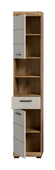 Hoher Bad-Hochschrank in Holzoptik mit weißen Fronten, geöffneten Türen und Schublade, mit offenen Regalfächern und schwarzen Griffen, freigestellt auf weißem Hintergrund, Perspektive: frontale Ansicht.