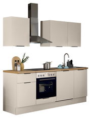 Moderne Küchenzeile mit Herd, Dunstabzugshaube und Spüle, frontal betrachtet