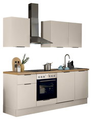 Moderne Küchenzeile mit Herd, Dunstabzugshaube und Spüle, frontal betrachtet