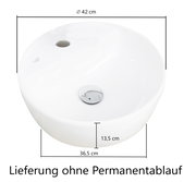 Runder Waschtisch mit einem Durchmesser von 42 cm, Seitenansicht, ohne Permanentablauf