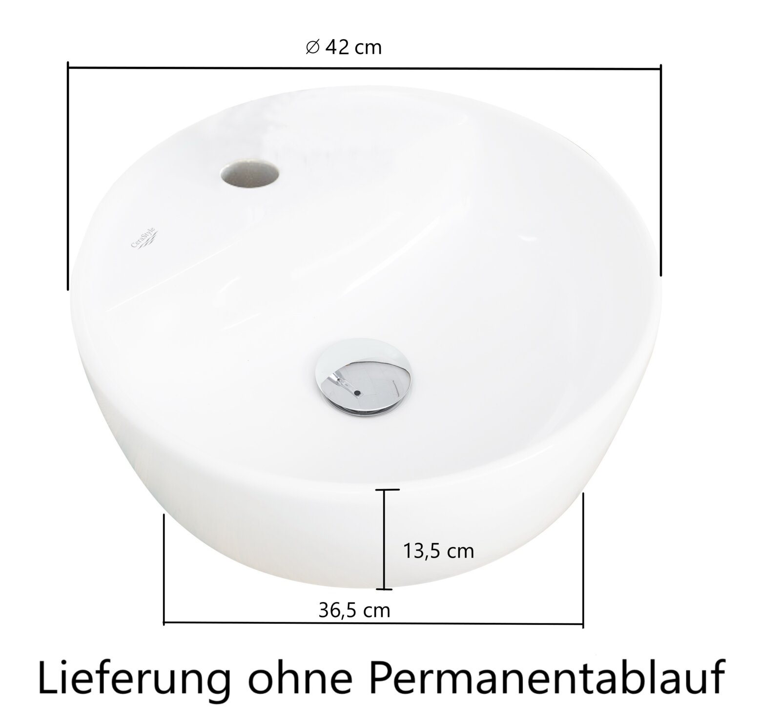 Runder Waschtisch mit einem Durchmesser von 42 cm, Seitenansicht, ohne Permanentablauf