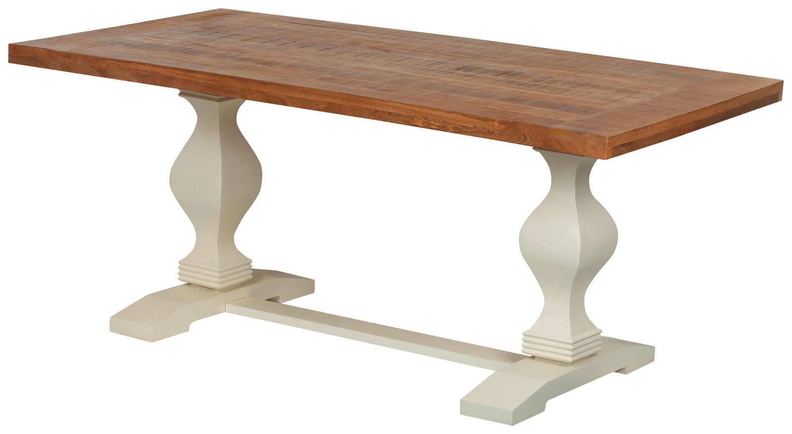 Esstisch mit rechteckiger Holzplatte und geschwungenen weißen Beinen, seitliche Perspektive