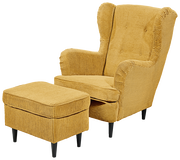 Gelber Sessel mit Hocker aus Cordstoff, seitliche Perspektive