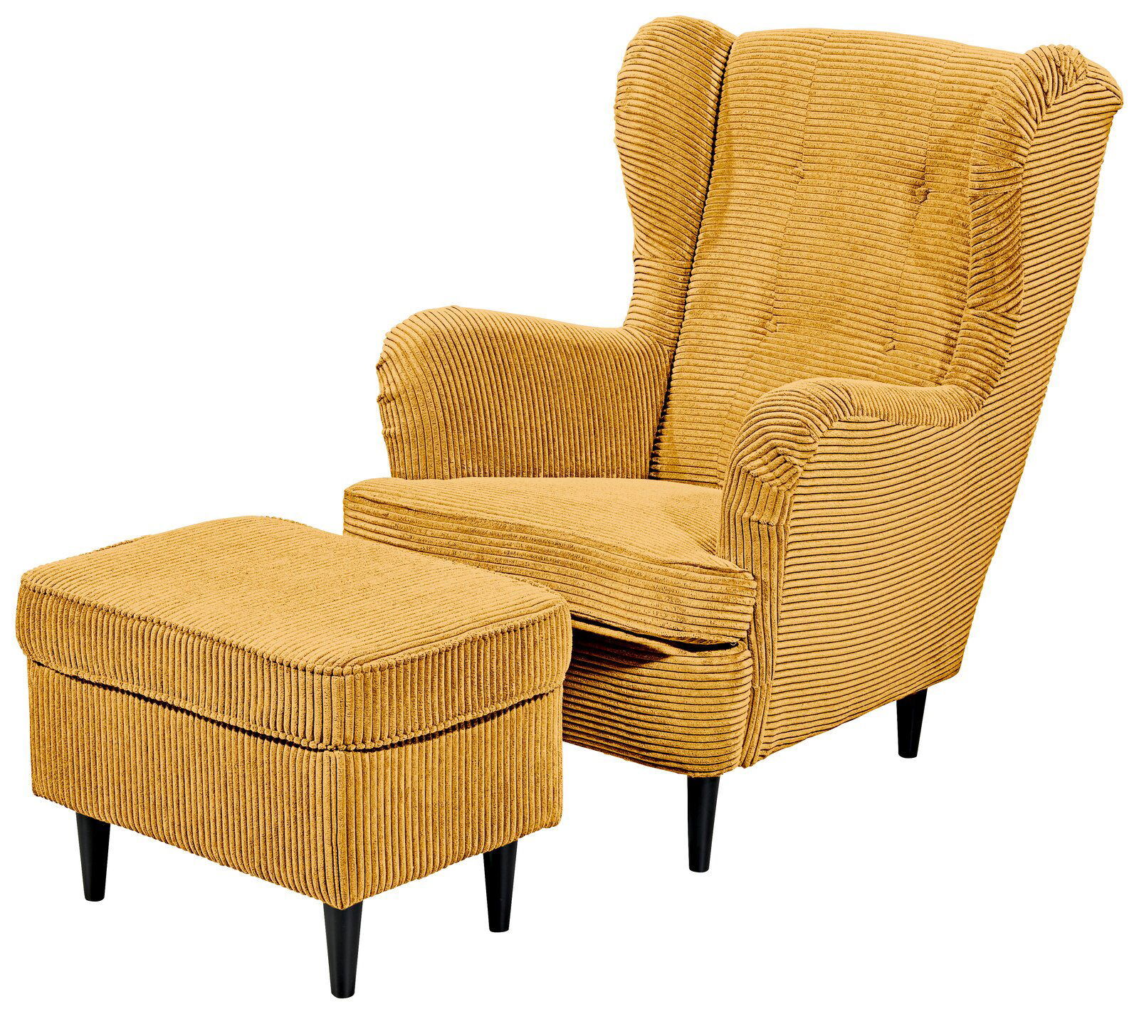 Gelber Sessel mit Hocker aus Cordstoff, seitliche Perspektive