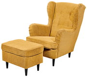 Gelber Sessel mit Hocker aus Cordstoff, seitliche Perspektive