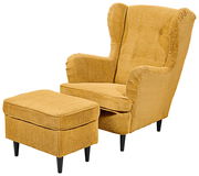 Gelber Sessel mit Hocker aus Cordstoff, seitliche Perspektive