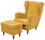 Gelber Sessel mit Hocker aus Cordstoff, seitliche Perspektive