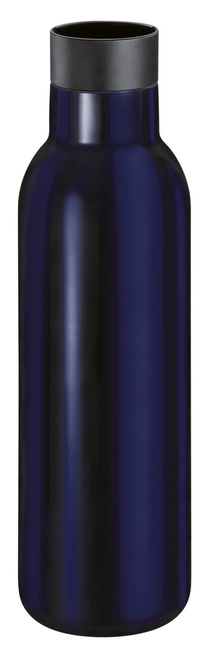 Dunkelblaue Isoliertrinkflasche mit schwarzem Deckel, frontale Ansicht