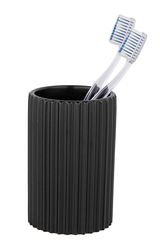 Schwarzer, geriffelter Keramik Zahnputzbecher Soliera mit zwei Zahnbürsten, seitliche Perspektive