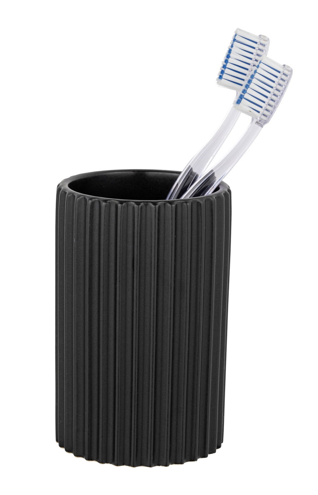 Schöner Wohnen Zahnputzbecher SOLIERA Schwarzer, geriffelter Keramik Zahnputzbecher Soliera mit zwei Zahnbürsten, seitliche Perspektive