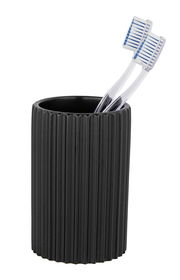 Schwarzer, geriffelter Keramik Zahnputzbecher Soliera mit zwei Zahnbürsten, seitliche Perspektive