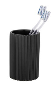 Schwarzer, geriffelter Keramik Zahnputzbecher Soliera mit zwei Zahnbürsten, seitliche Perspektive