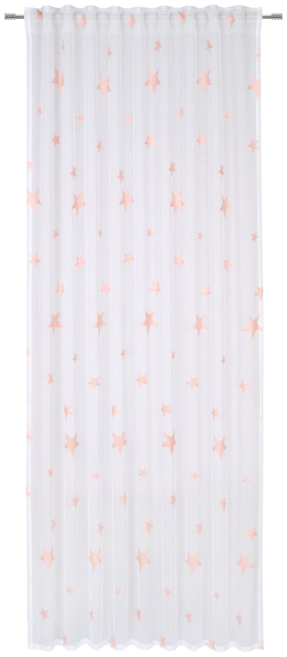 Weißer Fertigvorhang mit rosa Sternenmuster, frontal betrachtet.