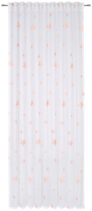 Weißer Fertigvorhang mit rosa Sternenmuster, frontal betrachtet.