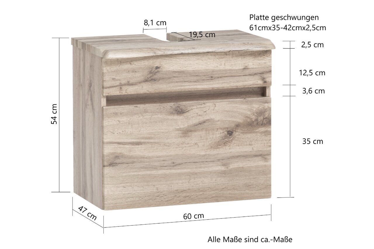 Waschbeckenunterschrank aus Holz in Frontansicht mit geschwungener Platte und Maßen.