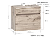 Waschbeckenunterschrank aus Holz in Frontansicht mit geschwungener Platte und Maßen.