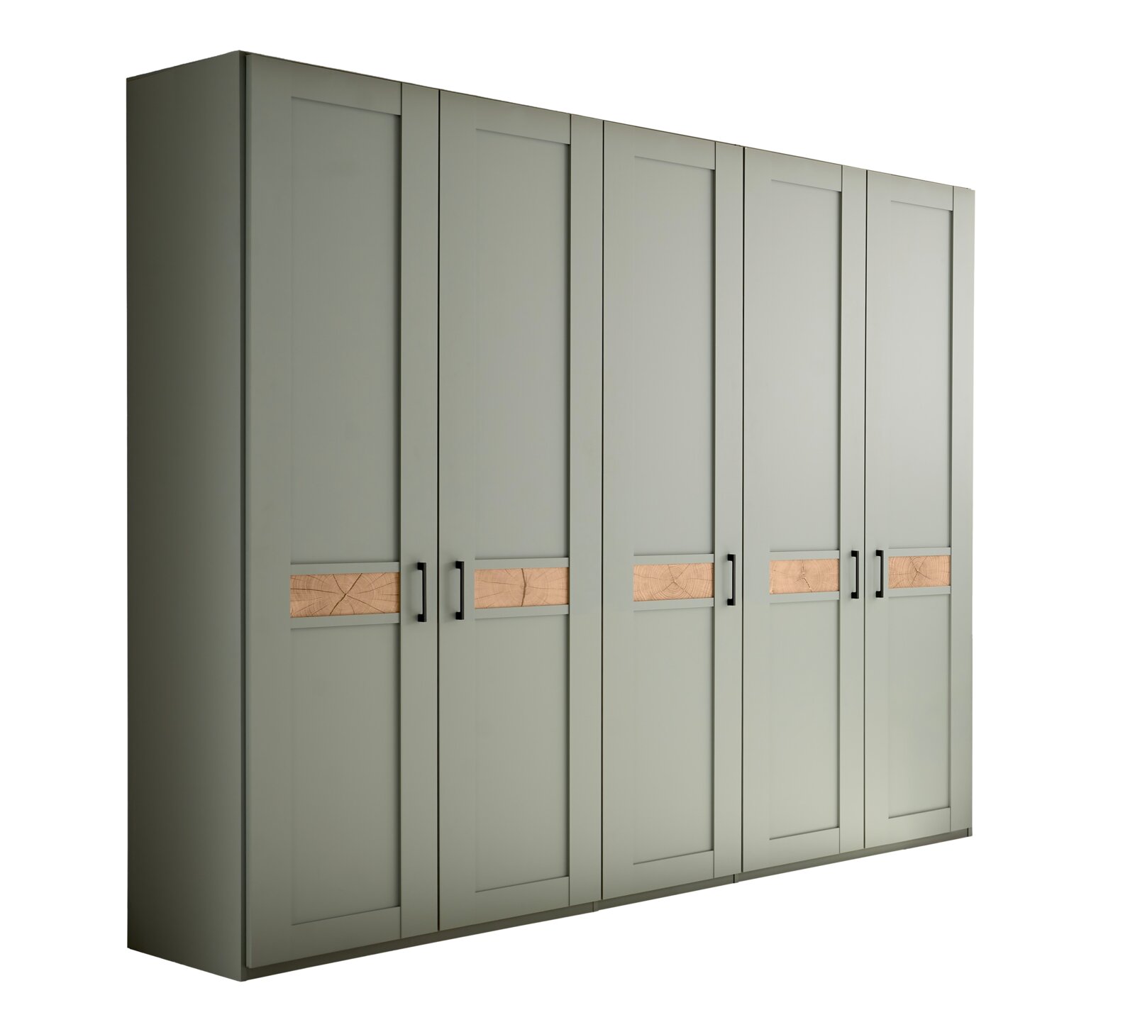 Landscape Drehtürenschrank 5-türig SKAGEN Großer 6-türiger Kleiderschrank in mattem Salbeigrün mit horizontalen Holzeinlagen und schwarzen Griffen, Ansicht schräg von vorn links
