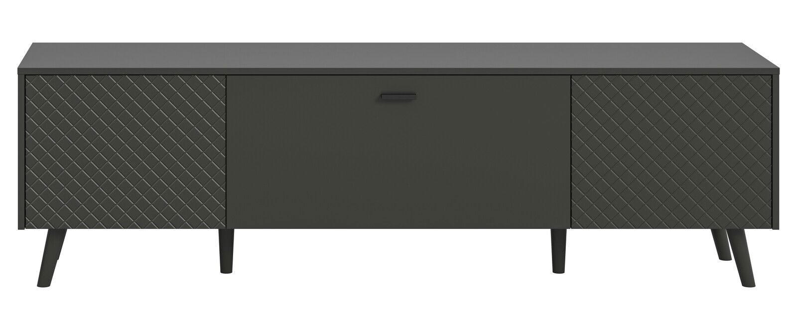 Modernes Lowboard in dunklem Grau mit zwei seitlichen Türen und mittlerer Schublade, frontale Ansicht