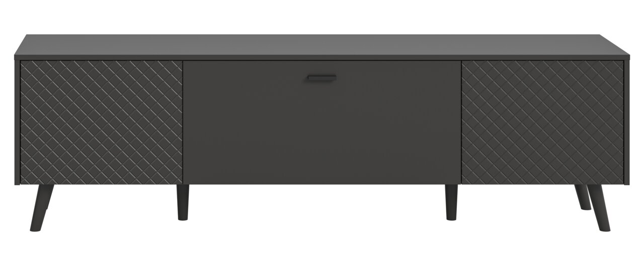 Modernes Lowboard in dunklem Grau mit zwei seitlichen Türen und mittlerer Schublade, frontale Ansicht