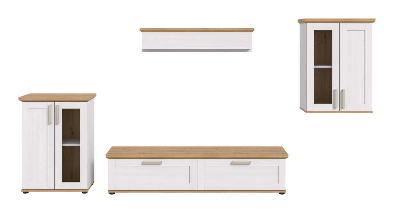 Wohnkombination in Weiß mit Holzoberflächen, bestehend aus einem niedrigen TV-Schrank, einem hohen Schrank und einem Hängeschrank, frontal abgebildet.