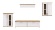 Wohnkombination in Weiß mit Holzoberflächen, bestehend aus einem niedrigen TV-Schrank, einem hohen Schrank und einem Hängeschrank, frontal abgebildet.