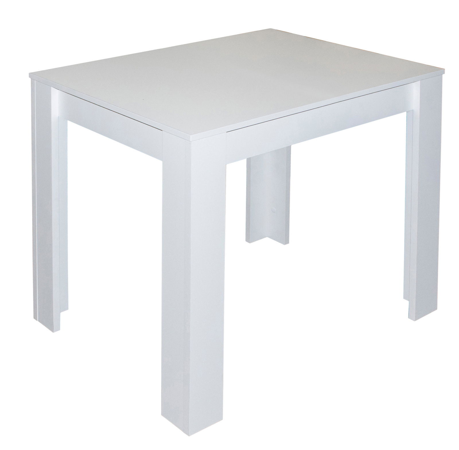 Moderner weißer Esstisch aus Holz, seitliche Perspektive