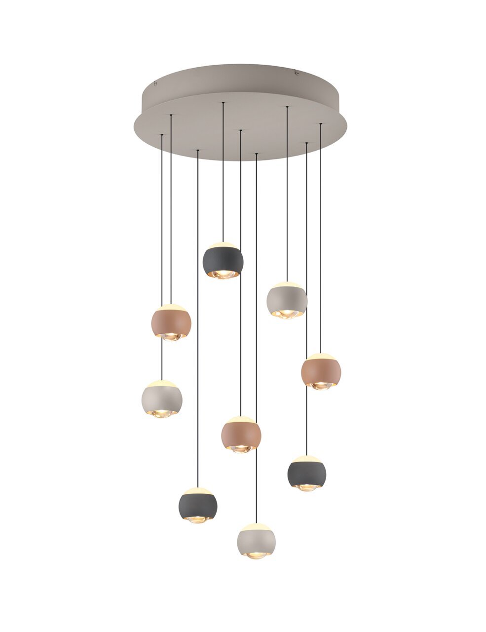 Moderne hanglamp met meerdere bolvormige lampenkappen in verschillende kleuren, gezien van onderaf.