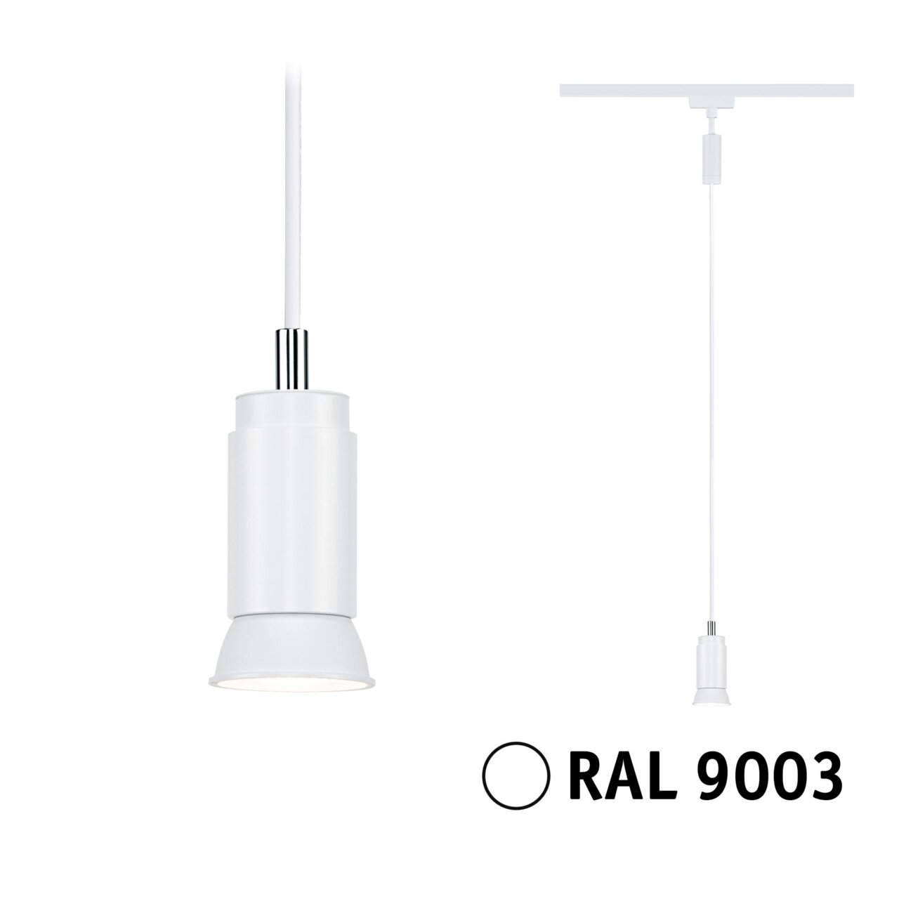 Weißes Schienenpendel Runa in RAL 9003, seitliche und frontale Ansicht