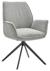 Grauer Armlehnstuhl mit gestreiftem Stoffbezug und schwarzem Metallgestell, seitliche Perspektive