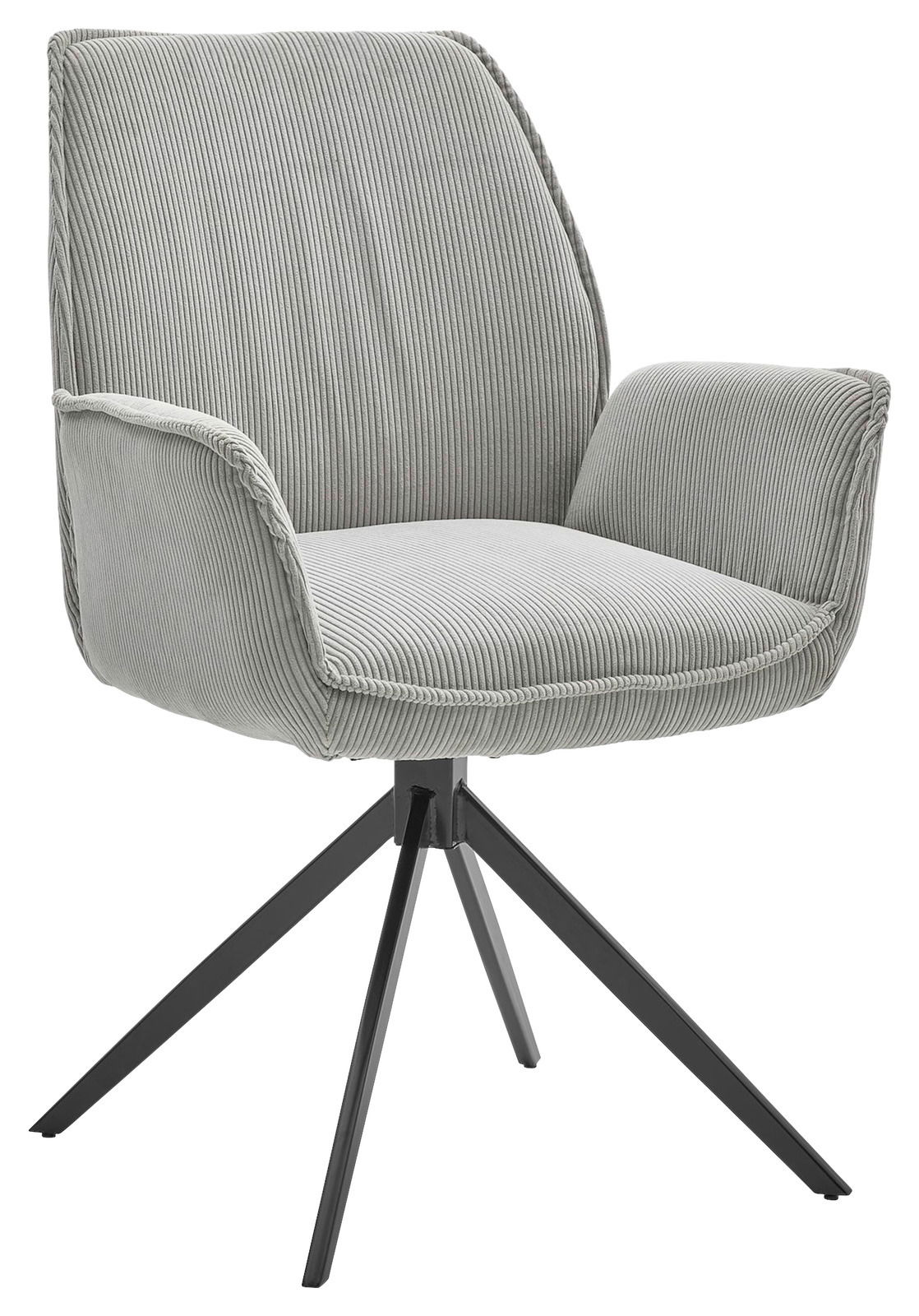 Musterring Armlehnstuhl MR TIAMA Grauer Armlehnstuhl mit gestreiftem Stoffbezug und schwarzem Metallgestell, seitliche Perspektive