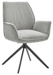 Grauer Armlehnstuhl mit gestreiftem Stoffbezug und schwarzem Metallgestell, seitliche Perspektive