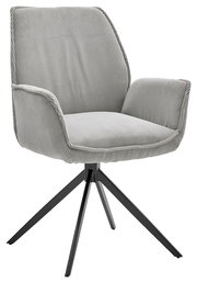 Grauer Armlehnstuhl mit gestreiftem Stoffbezug und schwarzem Metallgestell, seitliche Perspektive