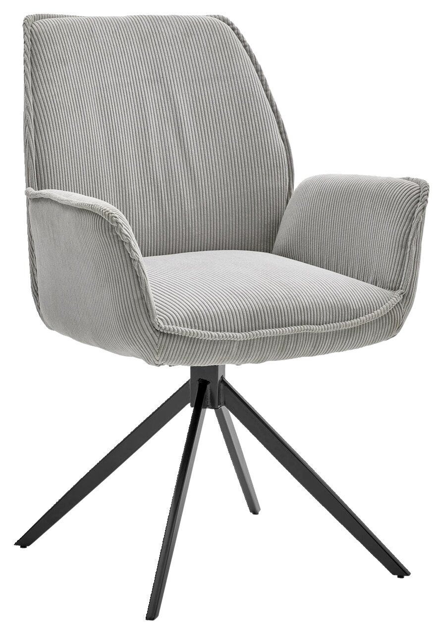 Grijze fauteuil met gestreepte stoffen bekleding en een zwart metalen frame, zijaanzicht