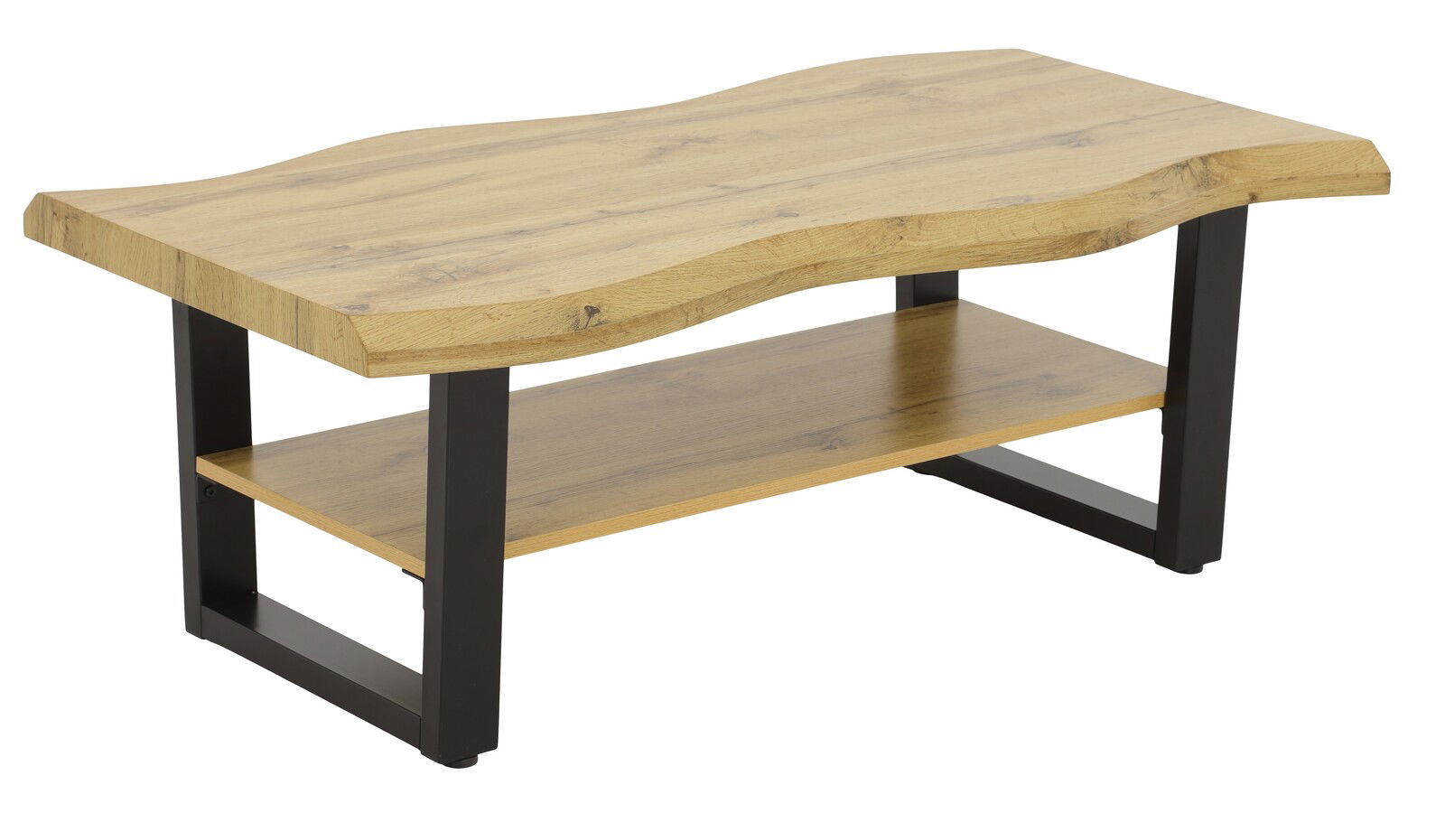 Moderner Couchtisch mit wellenförmiger Holzplatte und schwarzem Metallgestell, seitliche Perspektive