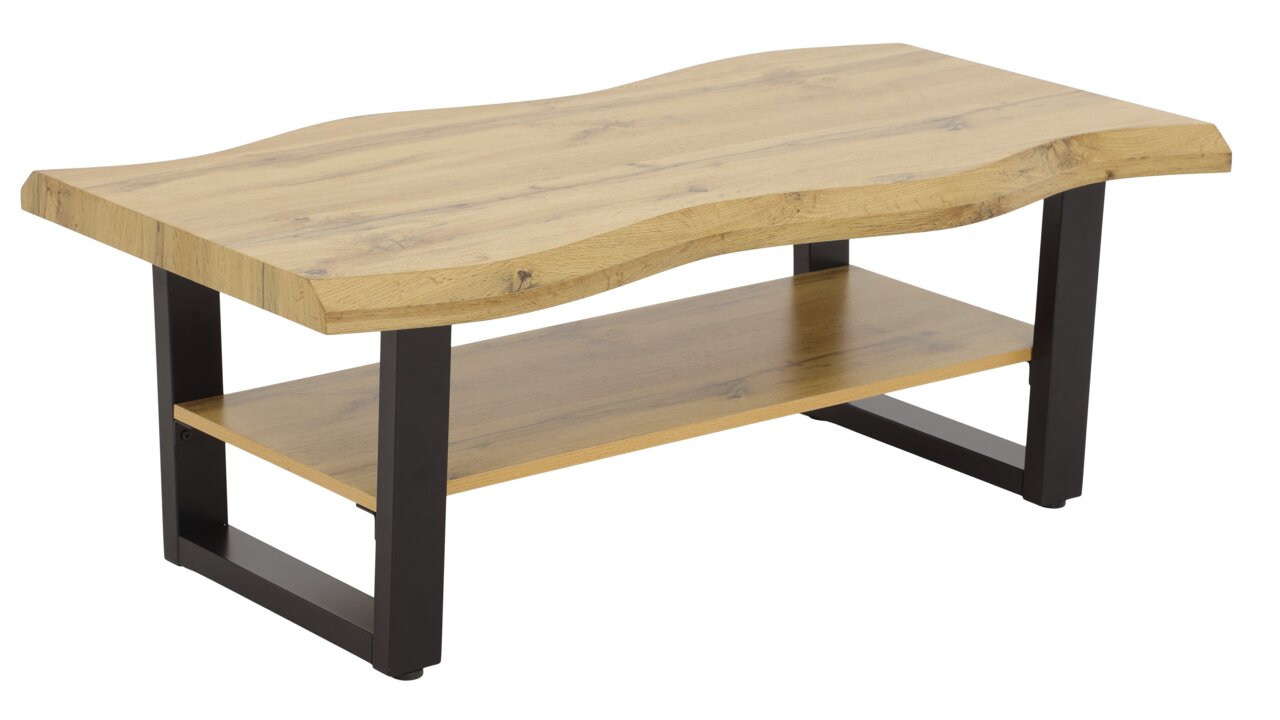 Moderner Couchtisch mit wellenförmiger Holzplatte und schwarzem Metallgestell, seitliche Perspektive