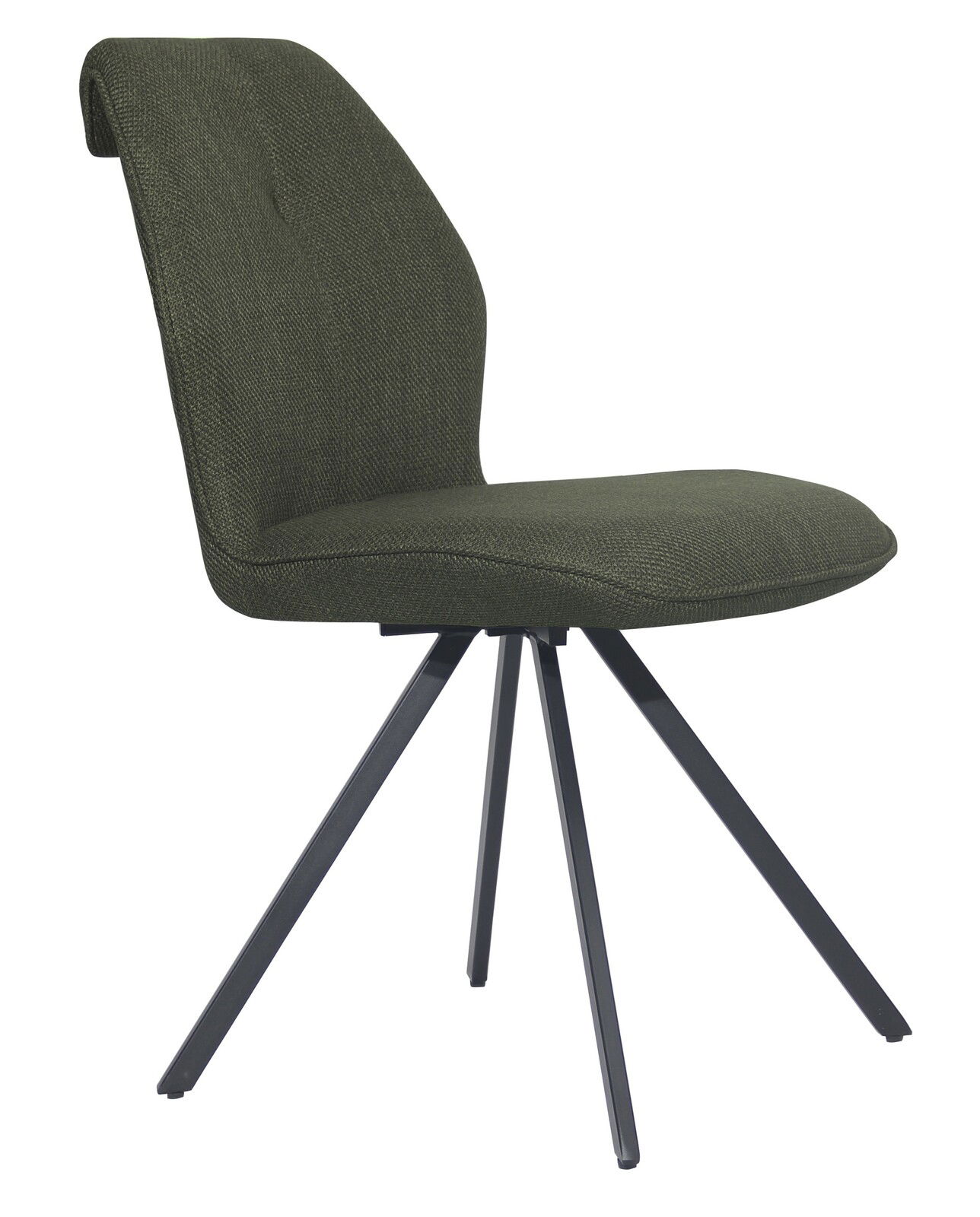 Moderner Stuhl mit dunkelgrünem Stoffbezug und schwarzem Metallgestell, seitliche Perspektive